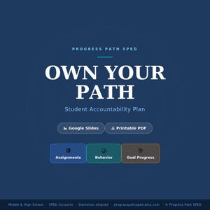 May include: A dark blue digital graphic titled Progress Path SPED, Own Your Path, Student Accountability Plan. It features buttons for Google Slides, Printable PDF, Assignments, Behavior, and Goal Progress, with footer text including Middle & High School, SPED Inclusive, Danielson Aligned, progresspathsped.etsy.com, and Progress Path SPED.