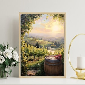 Vineyard Sunrise Oil Painting | Rolling Hills Grapevines & Wine Glasses on a Rustic Wooden Barrel Digital Print Download Wall Art