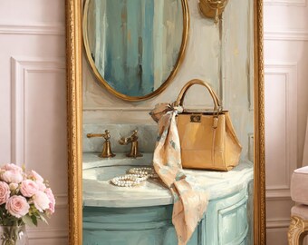 Handbag on the Vanity Art Print – Chic Fashion Wall Decor, Elegant Feminine Oil Painting (Digital Download)