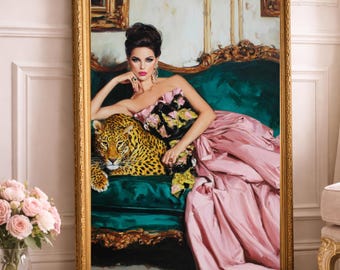 Elegant Woman with Leopard Digital Download – Glam Fashion Oil Painting Print, Old Money Wall Art