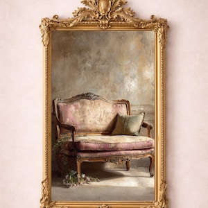 May include: Ornate gold-framed mirror with a detailed, decorative top. The mirror reflects a vintage pink and floral-patterned loveseat with a green pillow. The overall aesthetic is antique and elegant.