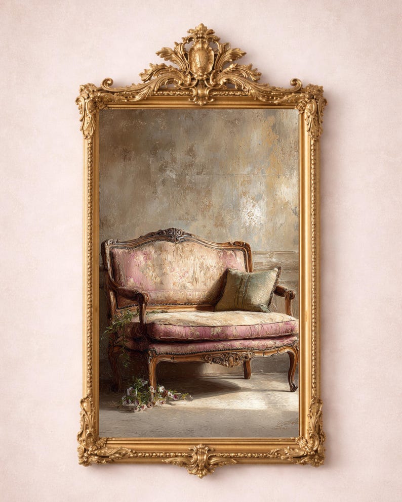 May include: Ornate gold-framed mirror with a detailed, decorative top. The mirror reflects a vintage pink and floral-patterned loveseat with a green pillow. The overall aesthetic is antique and elegant.