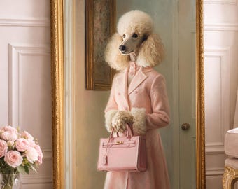 Elegant Pink Poodle Portrait – Vintage Fashion Oil Painting, Whimsical Pet Wall Art, Digital Download