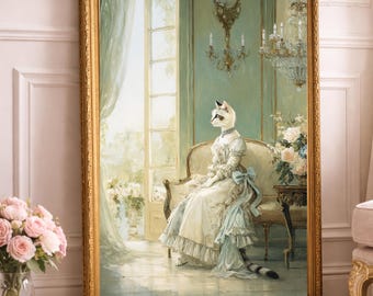 Victorian Cat Portrait Digital Download, Elegant Cat in Dress, Vintage French Salon Wall Art, Whimsical Animal Art Print