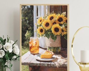 Summer Cafe Print: Lemon Pie, Sunflowers, Farmhouse Kitchen (Digital Download)