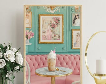 Coquette Iced Coffee Print: Vintage Glam Cafe Scene (Digital Download)