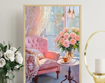 Cozy Pink Chair & Roses Oil Painting: Girly Home Decor (Digital Download)