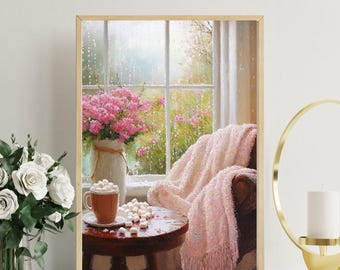 Rainy Day Oil Painting: Cozy Chair, Hot Chocolate (Digital Download)