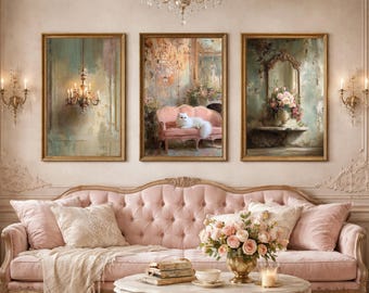 Wall Art Set of 3, Romantic French Interior Oil Paintings, Cat Chandelier Floral Art, Vintage Parisian Decor (Digital Download)
