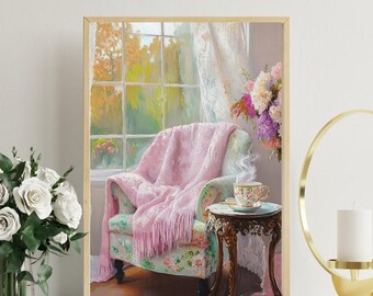 Cozy Chair Oil Painting: Steaming Tea by Window (Digital Download)