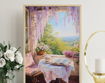 A Quaint Outdoor Café Framed by Wisteria | Book Lovers Art | Coquette Aesthetic Wall Art Digital Print Download | Wall Decor