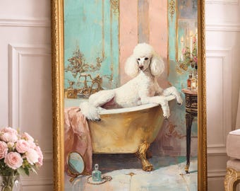Poodle in the Powder Room Art Print – Chic Maximalist Bathroom Wall Decor, Elegant Feminine Oil Painting (Digital Download)