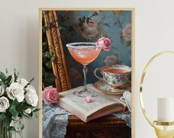 Sugar Rim Cocktail & Vintage Teacup | Coquette Aesthetic Wall Art Digital Print Download | Girly Wall Decor | Cafe Digital Art