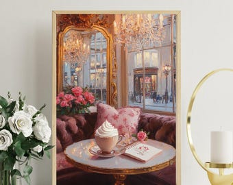 Cozy Glam Cafe Art Print: Pink Cappuccino & Flowers (Digital Download)