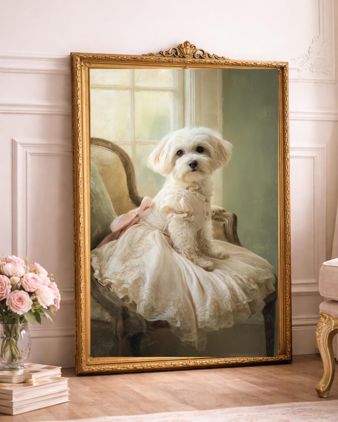 Victorian Dog Portrait Art Print – Elegant Puppy in Vintage Dress, Soft ...