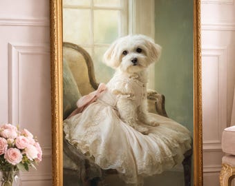 Victorian Dog Portrait Art Print – Elegant Puppy in Vintage Dress, Soft Cottagecore Wall Art, Feminine Heirloom Decor (Digital Download)