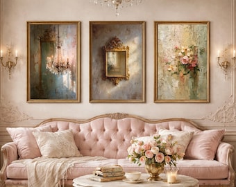Wall Art Set of 3, Romantic French Interior Oil Paintings, Chandelier Mirror Floral Art, Vintage Parisian (Digital Download)