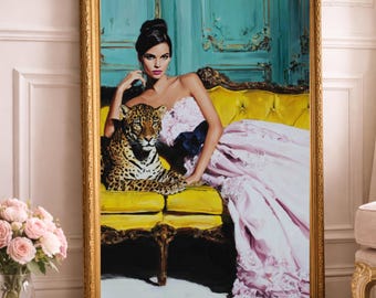 Elegant Leopard Lady – Glamorous Fashion Portrait, Pink Gown & Jaguar, Vintage Chic Wall Art, Feminine Luxury Digital Download