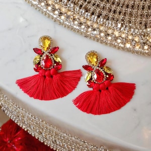 Red & Gold Rhinestone Crystal Fan Tassel Boho Statement Earrings
