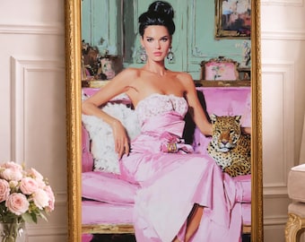 Fashion Woman with Leopard, Glam Vintage Style Art, Pink Luxury Wall Art, Feminine Statement Print, Digital Download