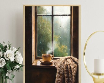 Rainy Day Coffee Cup Oil Painting: Cozy Kitchen Wall Art (Digital Print)