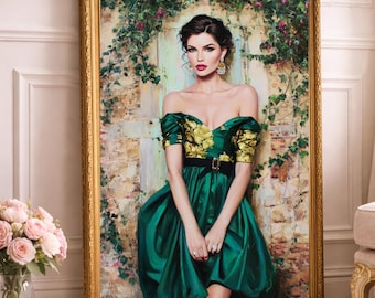 Elegant Woman in Emerald Dress Digital Download – Fashion Oil Painting Print, European Garden Wall Art