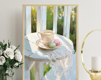 Cozy Cafe Art Print: Cappuccino & Macarons, Shabby Chic Decor (Digital Download)