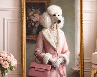 Elegant Poodle Portrait Wall Art, Vintage Fashion Dog Painting, Feminine Pink Decor, Parisian Style Art Print, Digital Download