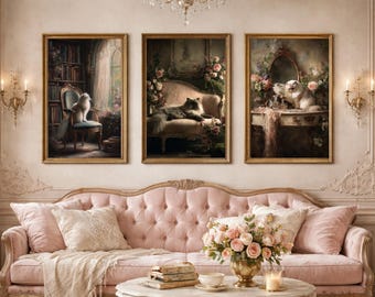 Parisian Cat Gallery Wall Set of 3 | Romantic French Decor | Vintage Persian Cat Oil Painting Prints | Feminine Wall Art (Digital Download)