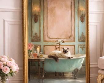 Cat in the Powder Room Art Print – Chic Maximalist Bathroom Wall Decor, Elegant Feminine Oil Painting (Digital Download)