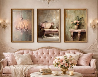 Wall Art Set of 3, Romantic French Interior Oil Paintings, Chandelier Settee Floral Art, Vintage Parisian Decor (Digital Download)
