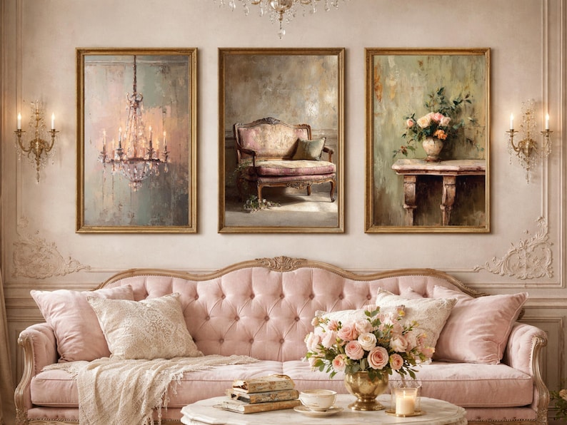 May include: Three framed vintage-style paintings with gold frames. The paintings depict a chandelier, a chair, and a vase of flowers. A pink tufted sofa with pillows and a coffee table with a floral arrangement are in front of the paintings.