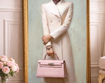 Elegant Woman with Pink Handbag – Vintage Fashion Oil Painting, Quiet Luxury Wall Art, Digital Download