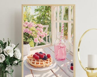 Waffles & Berries Print: Pink Lemonade, Coquette Cafe Art (Digital Download)