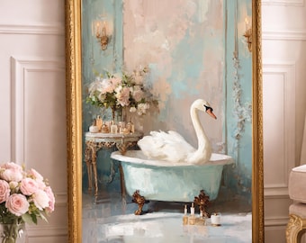 Swan in the Powder Room Art Print – Chic Maximalist Bathroom Wall Decor, Elegant Feminine Oil Painting (Digital Download)