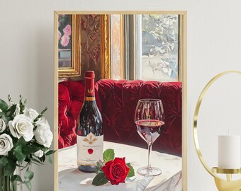 Red Wine & Rose Oil Painting: Vintage Restaurant Art (Digital Print)