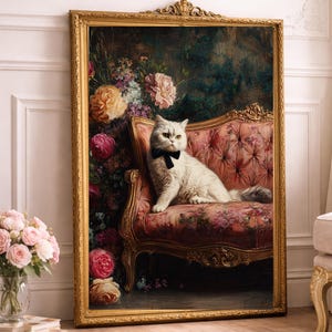 Elegant Cat Portrait on Rococo Sofa – Vintage Floral Oil Painting, Whimsical Pet Wall Art, Digital Download