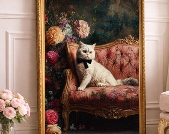 Elegant Cat Portrait on Rococo Sofa – Vintage Floral Oil Painting, Whimsical Pet Wall Art, Digital Download
