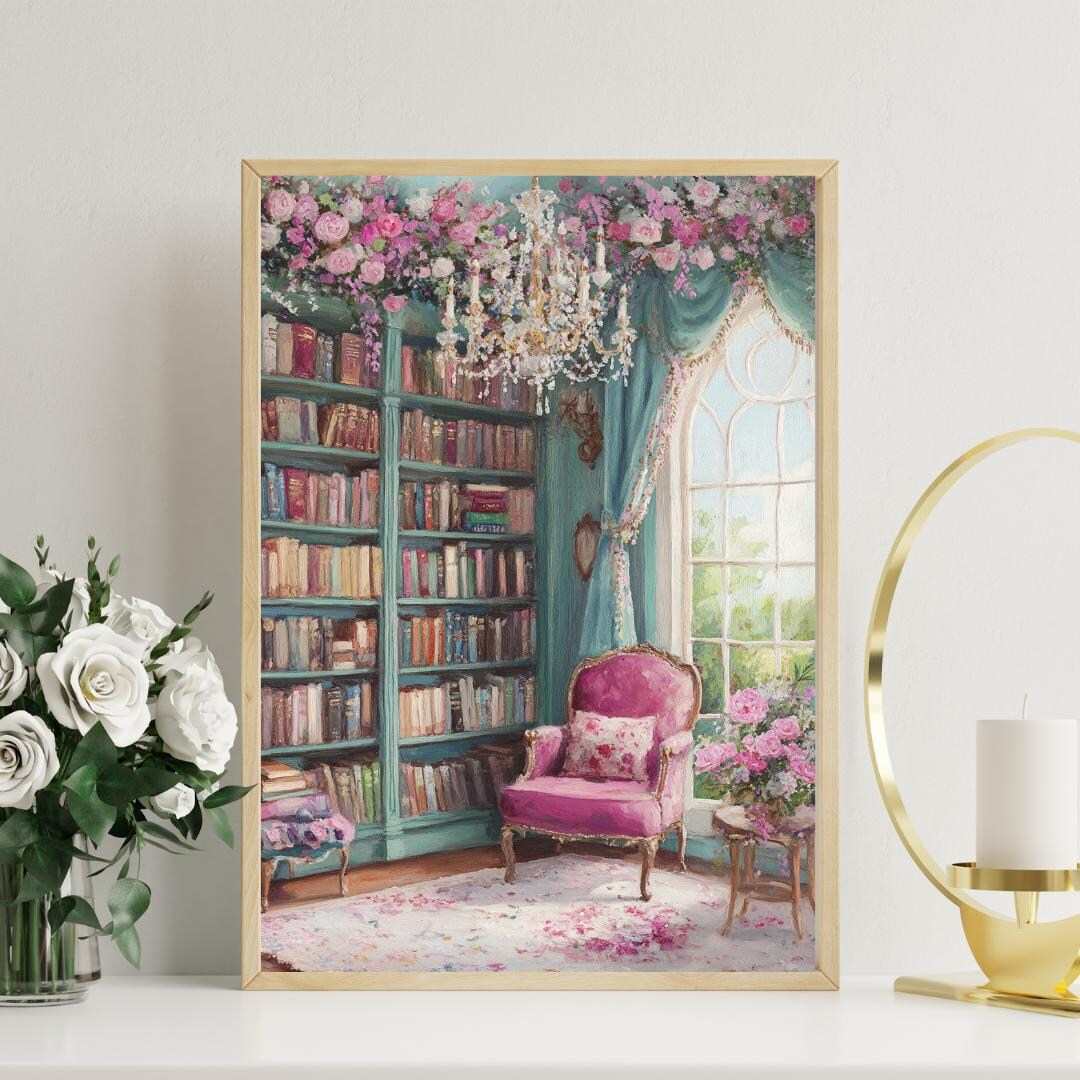 Charming Library Oil Painting: Cozy Reading Nook Art (digital Download ...