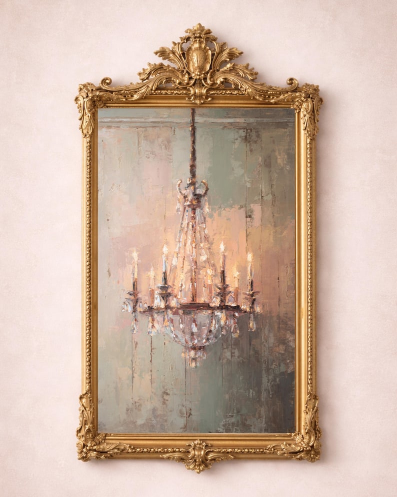 May include: A rectangular gold-framed mirror with ornate detailing. The mirror reflects a painting of a crystal chandelier with lit candles. The background of the painting has muted tones of green, beige, and pink.