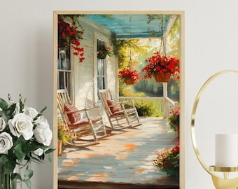 Country Porch Rocking Chair Oil Painting: Cozy Home Decor (Digital Download)