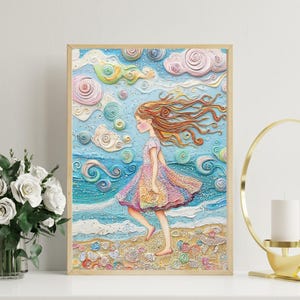 Girl on Beach Seashells Painting Digital Art Print | Trendy Wall Decor | Beach Coastal Decor