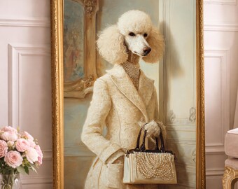 Elegant Ivory Poodle Portrait – Vintage Fashion Oil Painting, Chic Pet Wall Art, Digital Download