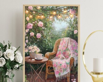 A Cozy Café Scene: Cappuccino Garden Wicker Chair Whimsical | Wall Art Digital Print Download