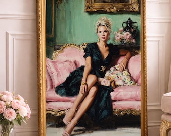 Elegant Woman in Black on Pink Sofa – Vintage Fashion Oil Painting, Glam Wall Art, Digital Download