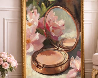 Vanity Rituals Wall Art, Feminine Makeup Still Life Painting, Blush Floral Beauty Art, Soft Romantic Decor, Digital Download