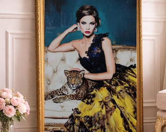 Elegant Woman with Leopard – Luxury Fashion Portrait Art, Painterly Animal Wall Art, Digital Download