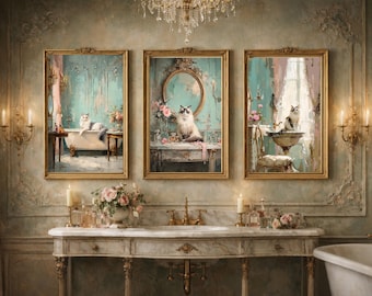 Powder Room Gallery Wall Set of 3 | Vintage Vanity Bathroom Decor | Feminine Parisian Bathroom Art | Cat Oil Paintings (Digital Download)