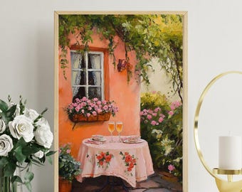Tuscany Cafe Art Print: Champagne, Floral Table (Digital Download)