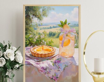Summer Cafe Print: Fruit Tart & Peach Tea Still Life (Digital Download)